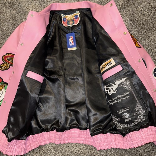 Jeff Hamilton NBA Logo Collage Vegan Pink Leather Jacket Men’s 2XL New Read - Picture 8 of 17