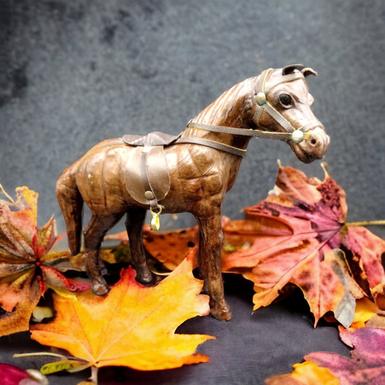 Vintage Leather Wrapped Horse Figurine Equestrian Saddle Statue Sculpture, Brown