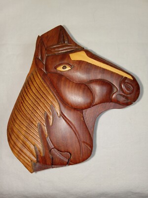 Handcarved Wood Inlay Horse Puzzle Trinket Box