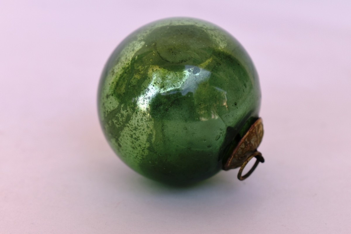 Antique Kugel Ornaments Green Glass Ball Mercury Brass Cap