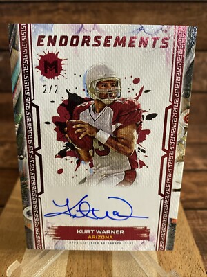 2023 Topps Motif Football Endorsements RED Auto Kurt Warner 2/2 ME-KW On Card