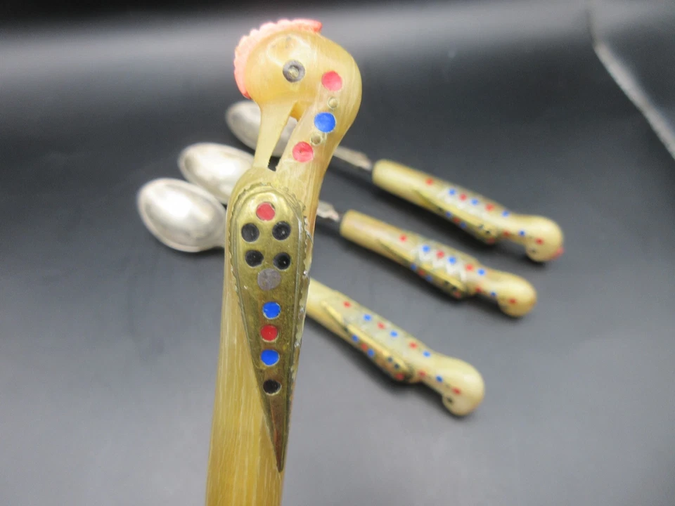 Vtg 1950s Set of 4 Alfred Haddad Jezzine Bird Phoenix Spoons Horn Inlay Rare - Image 2 of 4