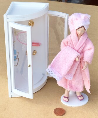 Lady In A Pink Dressing Gown With A Shower Unit Tumdee 1:12 Scale Dolls House