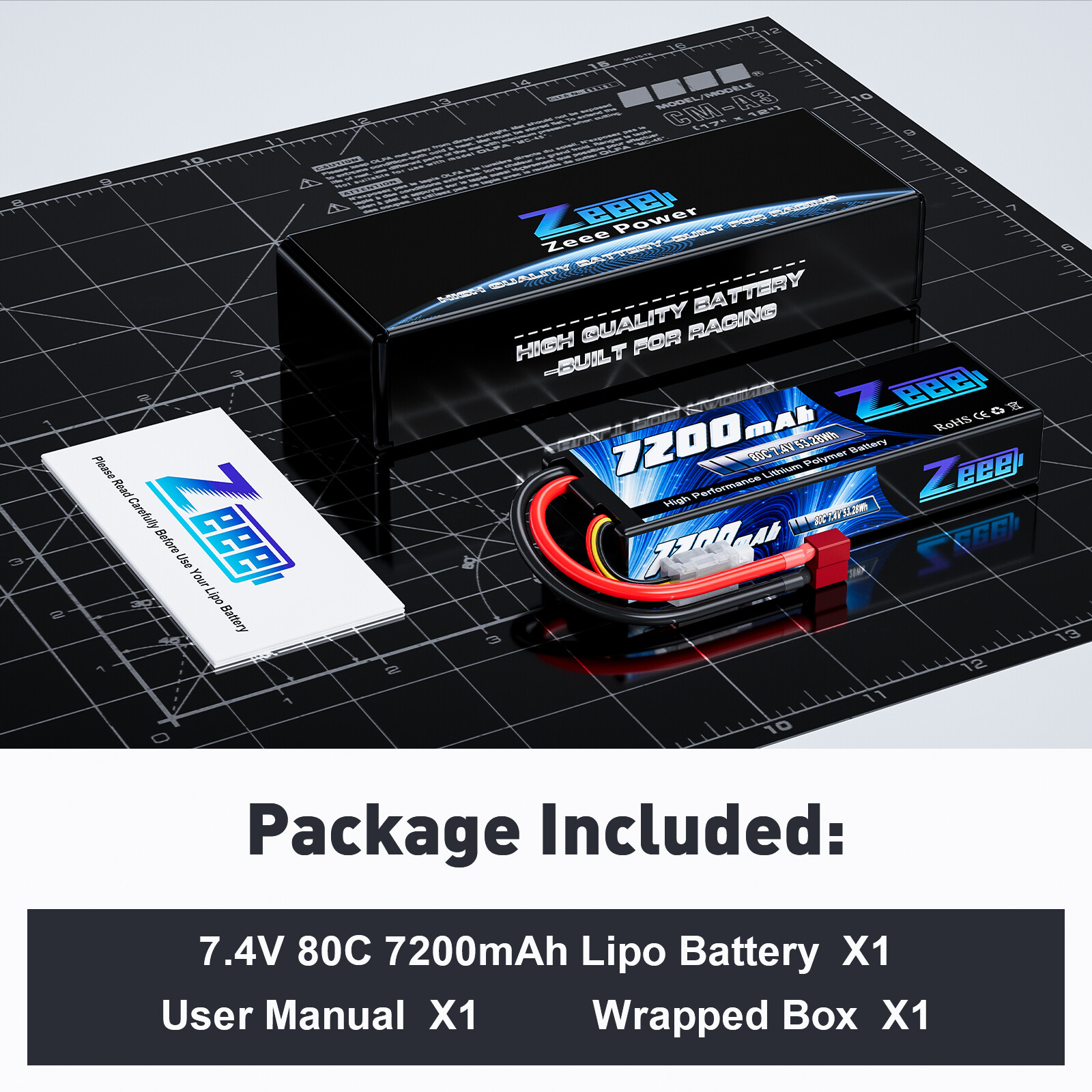 Zeee 2S Lipo Battery 7.4V 80C 7200mAh T Plug Hardcase for RC Car Truck Buggy