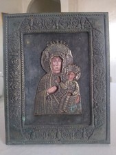 Antica Icona Russa Madonna con Bambino riza ottone bronzo XVIII secolo Ortodossa