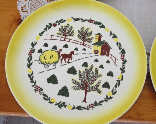 Vintage Salem Grant Crest COUNTRY CHARM Yellow Farm 10" Dinner Plates ~Set of 4 - Picture 2 of 6