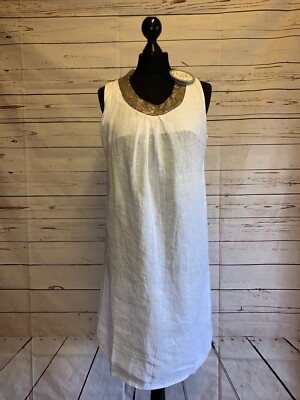 COSMO ITALIAN LINEN SLEEVELESS MINI SHIFT DRESS WITH SEQUIN NECKLINE 9A077  | eBay