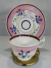 Antique Luster Ware Hand Painted Sprig Soft Paste Cup And Saucer
