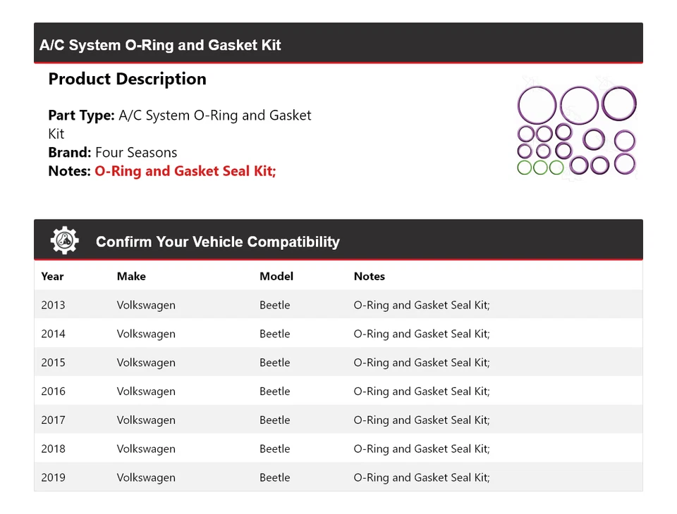 Kit de junta tórica y junta sistema de aire acondicionado Volkswagen Beetle 2013-2019 4 estaciones 2014 Foto 2 de 4