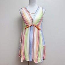 THML Womens small Striped Multicolor Pom Pom Fringe Strapless A Line Mini Dress
