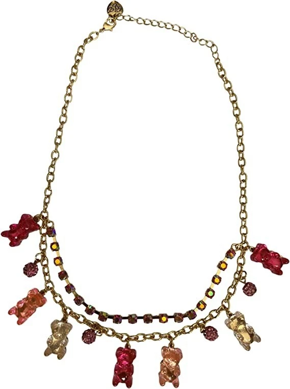 Betsey Johnson Lucite Gummy Pink Bears Fireballs Rhinestone Necklace Nwt Rare