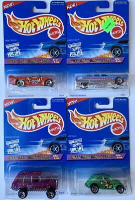1997 HW Biff Bam Boom Series 4-Car Set Mini Truck, Limozeen, Range Rover, VW Bug