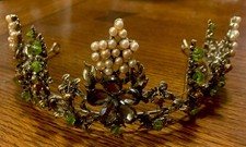 Tiara Crown, Ornate Rhinestones, Faux Pearls, Beads, Green, Beige, Gray, Gold
