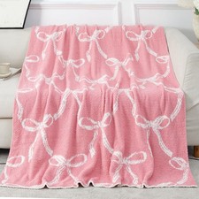 Pink Bow Throw Blanket Christmas Microfiber Soft Cozy Bedding Couch 50x60 Inch