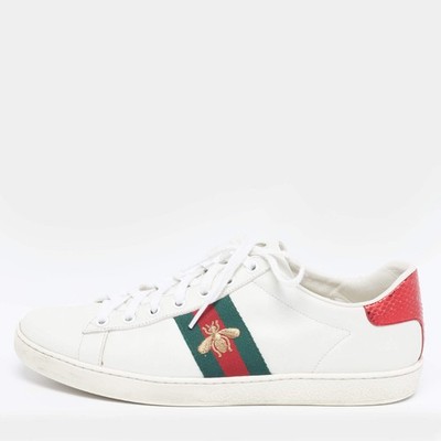 Gucci Ace Size 40 White Leather and Snakeskin Embossed Web Low Top Sneakers