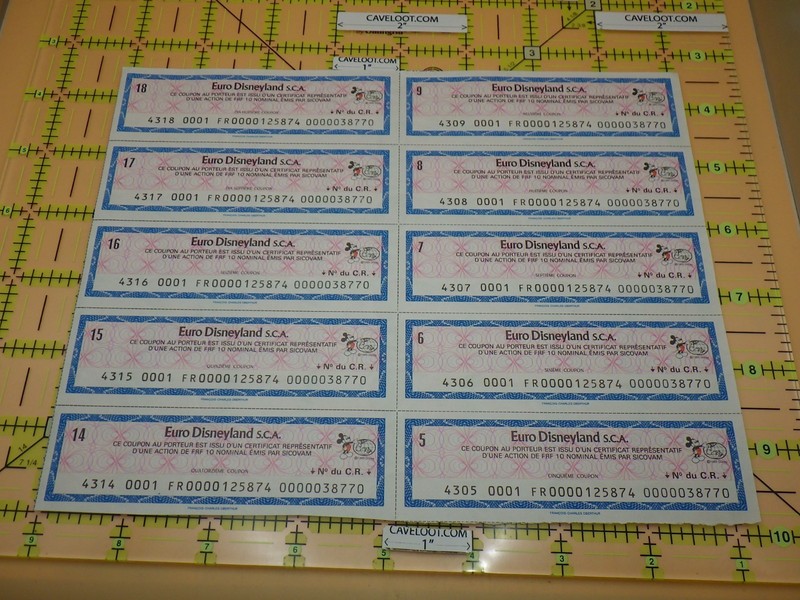 Euro Disneyland Stock Certificate Coupons Block of 10 Vintage Mickey Mouse 1989