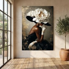 Elegant Woman Black Dress Floral Hat Canvas Print, Vintage Fashion Wall Art
