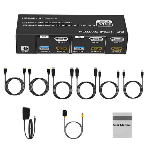 2 In 2 Out 8K 120Hz DP HDMI USB3.0 KVM Switcher 2x2 For 2 Computers 2 Monitors