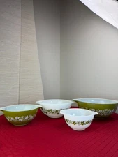 4 LOT Original VTG Collectible Green PYREX Spring Blossom Mixing Bowl Set USA