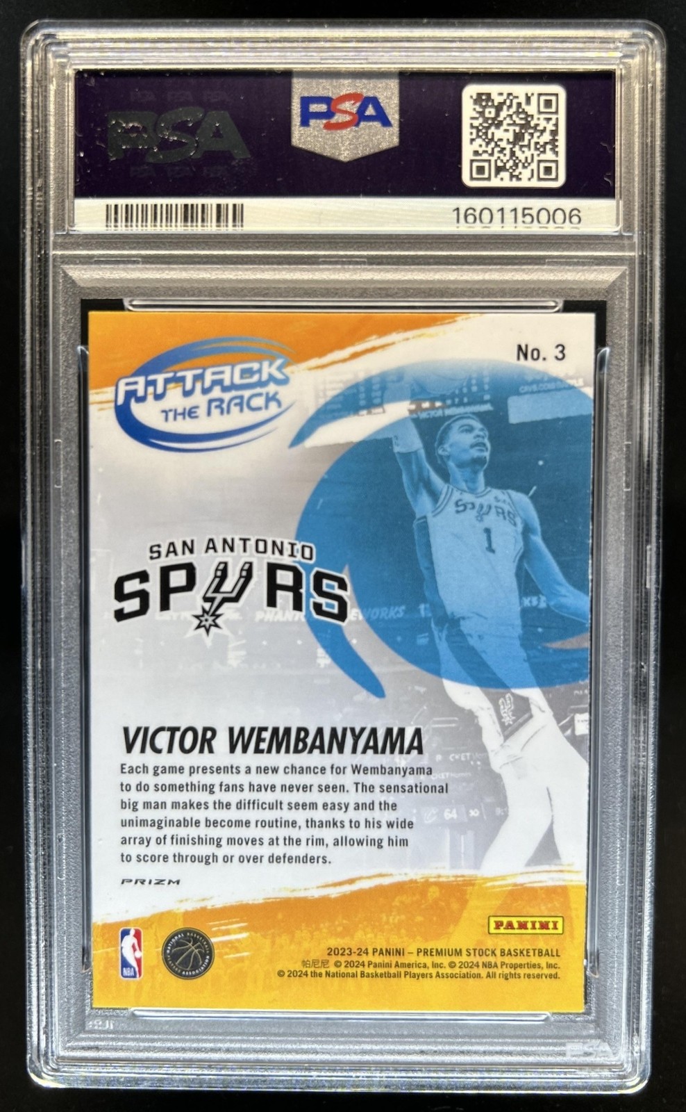 2023-24 Hoops Premium Stock Victor Wembanyama Attack the Rack RC Silver #3 PSA 9 view 2