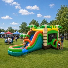 32ft Inflatable Combo Bounce House With Slide Commercial Tropical Bouncer Blower