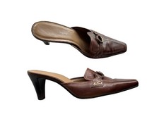 Y2K AIGNER Brown Leather Mules Shoes Kitten Heel Square Toe Old Money 7.5