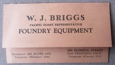 1920s Business Card W.J Briggs Pacific Coast Representative Foundry Equipment SF