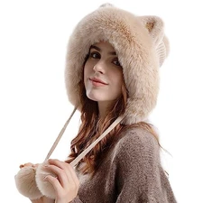 Fluffy Knit Beanie Hats for Women Winter Warm Fleece Lining One Size Beige - B