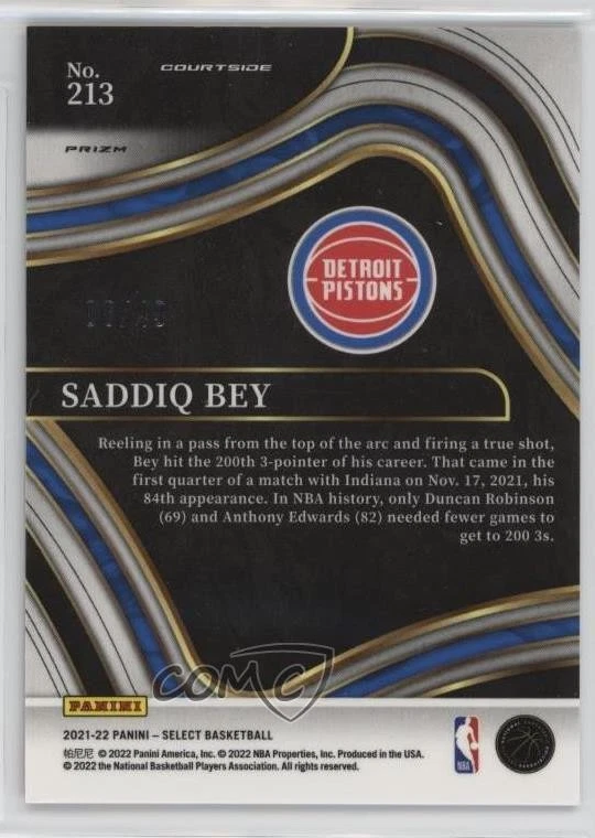 2021-22 Panini Select Courtside Teal White Pink Prizm /49 Saddiq Bey #213 - Image 2 of 2