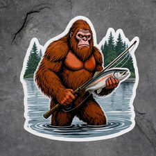 Bigfoot Fishing sticker vinyl decal trout river wilderness forest outdoors 5"