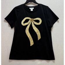 Cynthia Rowley Metallic Bow Tee Women's Size S Black Crew Neck Short Sleeves