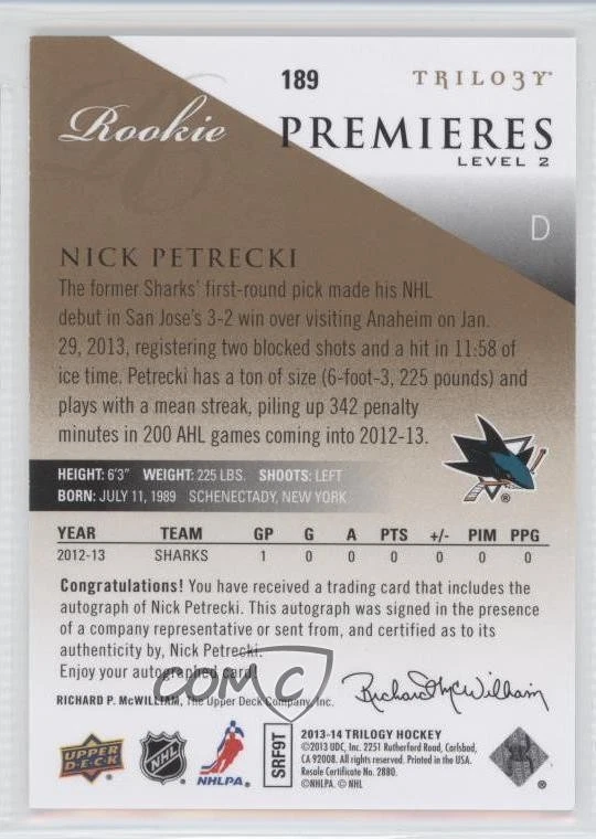 2013 Trilogy Premieres Level 2 /399 Nicholas Petrecki Nick #189 Rookie Auto RC - Image 2 of 2