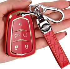 for Cadillac Key Fob Cover - Case Holder 2015-2019 Red, Red 