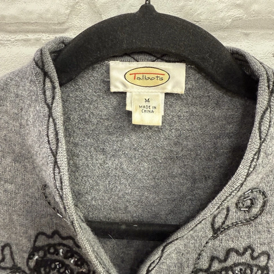 Talbots 刺绣串珠毛衣开衫灰色美利奴羊毛女士 M 码 — 第 3/4 张图片