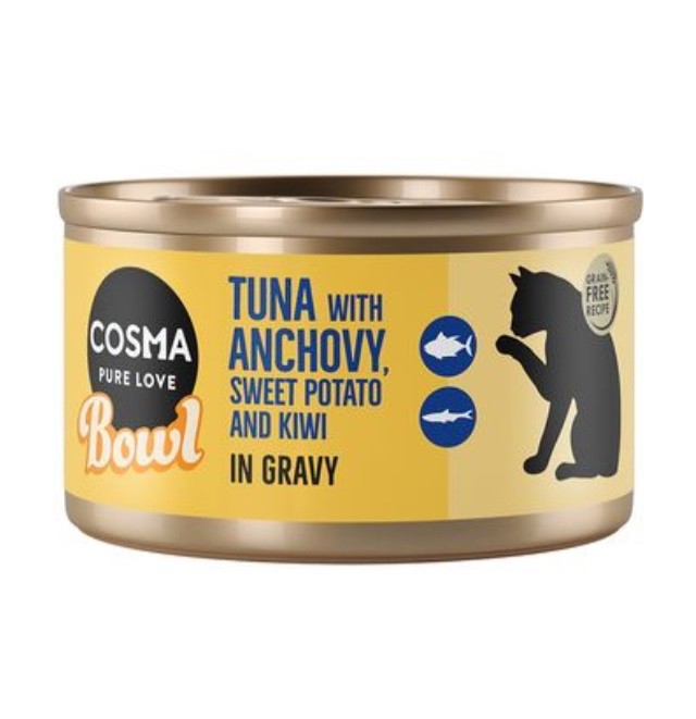 Cosma Bowl Katzen Nassfutter 42 x 80g Thunfisch mit Sardellen Süßkartoffeln NEU