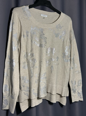 Women's Cupio Longsleeve Sweater Beige With Metallic Silver Flowers Size 1X