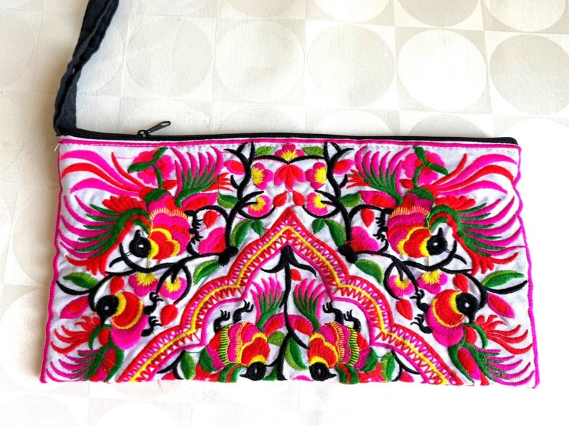 Hmong Embroidered Clutch Bag Blue Peacock PatternThailand Boho Wristlet 12 x 6
