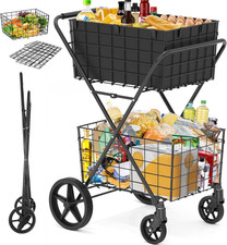 2-Tier Collapsible Shopping Cart for Groceries, 400Lbs Heavy Duty Grocery Cart w