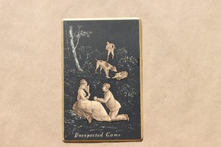 Antique Victorian Chromolithograph Plaque "Unexpected Game" Hunting Dog Courtshi