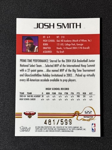 2004 Topps Pristine Josh Smith RC /599 Refractor #122 Rookie Hawks - Picture 2 of 2
