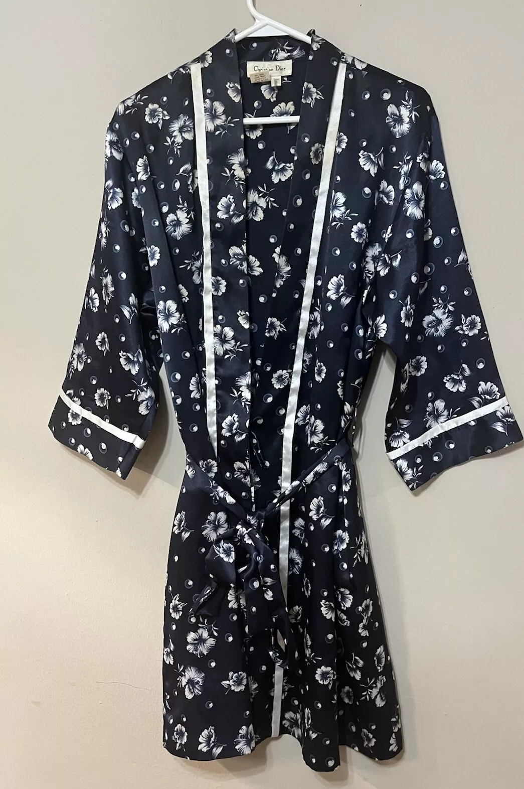 Robe kimono vintage Christian Dior taille S bleu marine à fleurs ceinturée