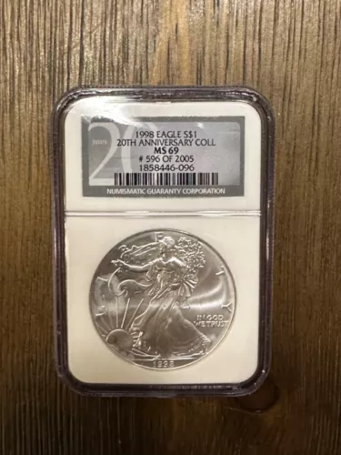 1998 $1 AMERICAN SILVER EAGLE NGC MS69 '20TH ANNIVERSARY COLL' BLACK LABEL