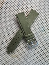 22mm OLIVE GREEN Sailcloth Canvas/Leather watch band strap WHITE Stitch