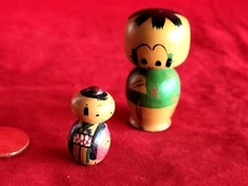 Vintage Japanese Carved Wood Small Kokeshi Dolls -Mother & Child w/Bobble Heads
