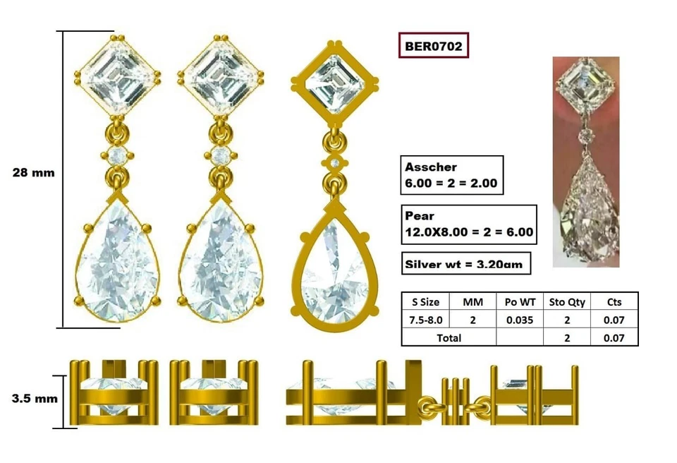 Подарочные серьги-подвески из белого золота 14 карат с имитацией муассанита груши 4,0 карата - Изображение 3 из 3