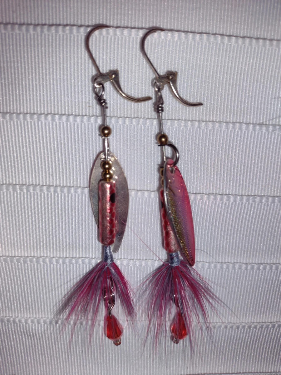 Pink Fishing Lure Spinner Earrings with Beautiful Red Bead