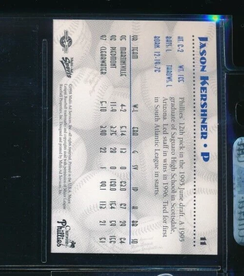 1998 Multi-ad #11 Jason Kershner Clearwater Phillies Signed Autograph (DO34) - Image 2 of 2