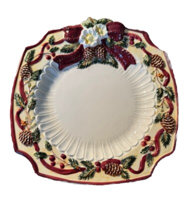 Holiday Ribbon Plate Bico China With Pine Cones/Holly Berries
