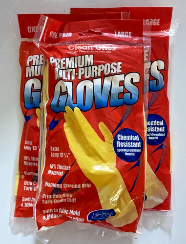 Clean Ones Premium Multipurpose Latex Gloves 3 PAIRS Non Slip Grip LARGE Yellow - Picture 2 of 3