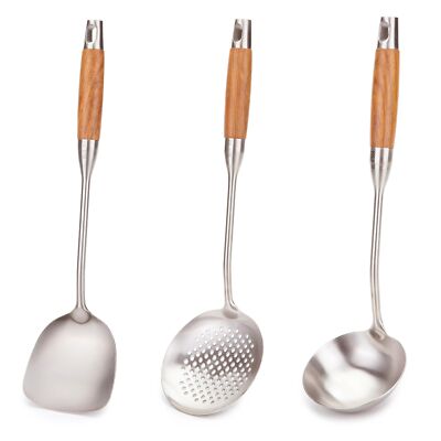 FJNATINH Wok-Set 2-teilig – Pfannenwender & Kochlöffel Aus Edelstahl Mit Holzgriff